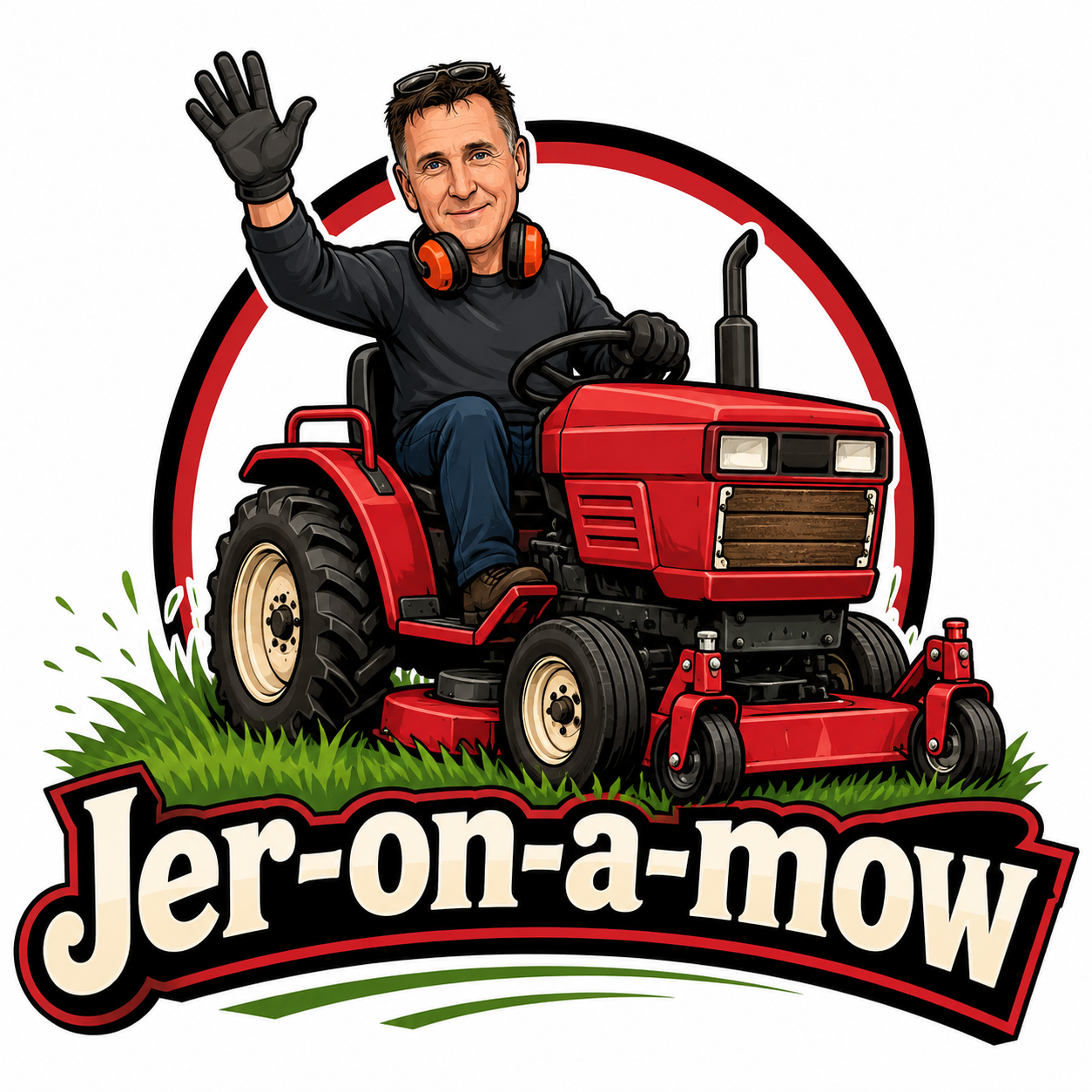 Jer-on-a-mow logo — man waving from a red tractor mower